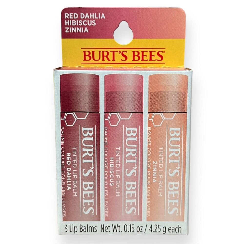 Burt's Bees Tinted Lip Balm Set of 3 Red Dahlia Hibiscus Zinnia Stocking Stuffer